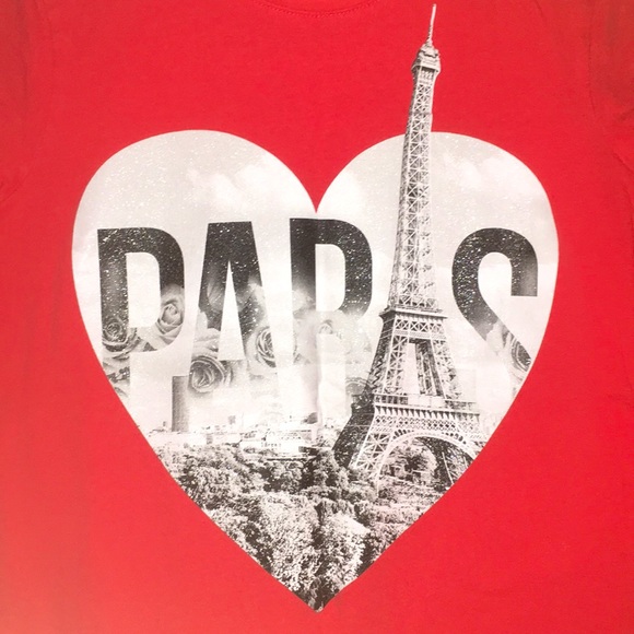 GIRLS RED T-SHIRT WITH SILVER GLITTER PARIS HEART - Picture 2 of 5